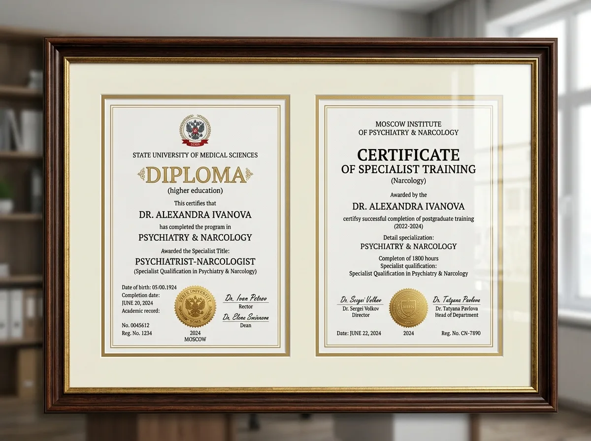 Диплом и сертификат специалиста психиатра-нарколога с красивой рамкой, подписью и печатью медицинского учреждения